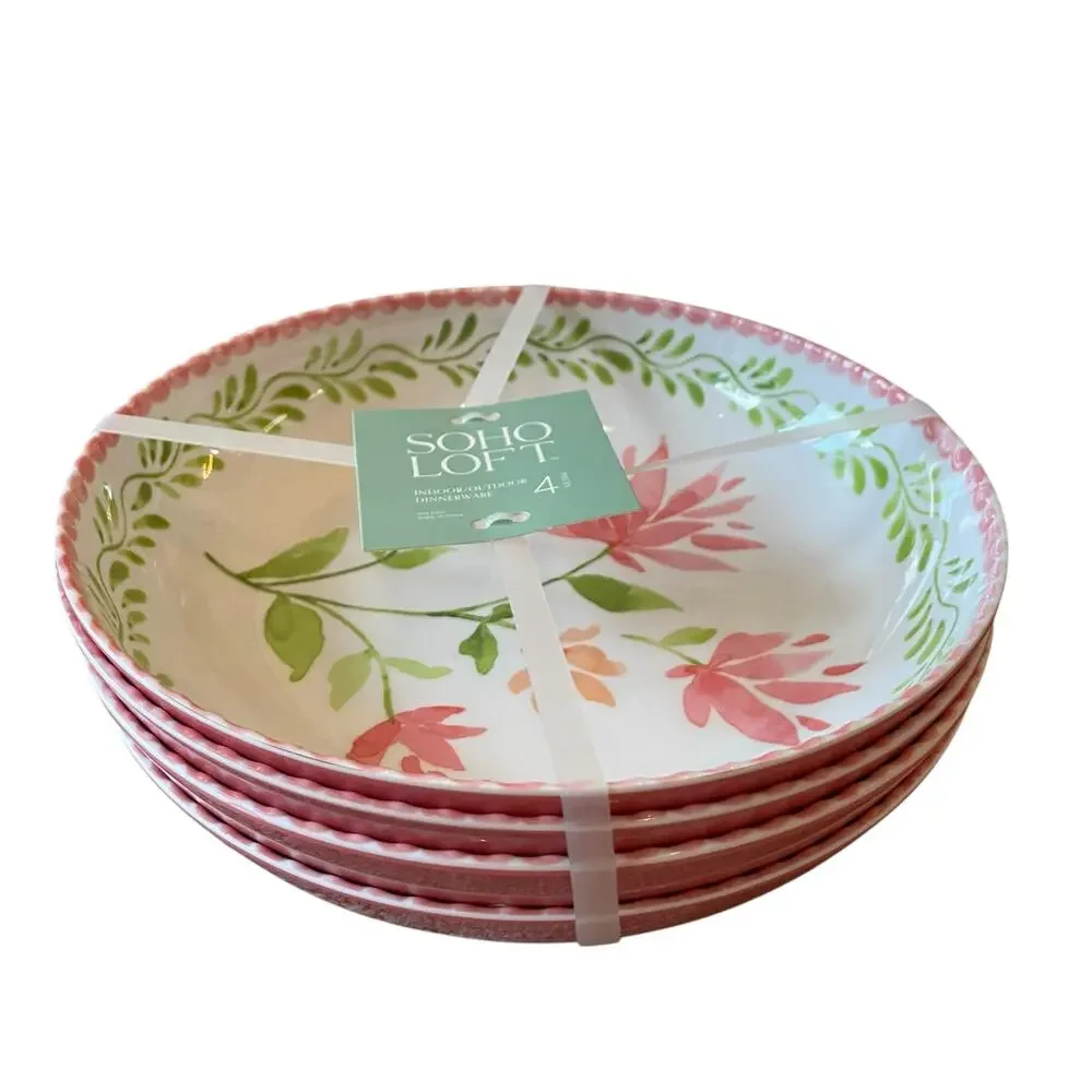 Soho Loft Floral Melamine Bowls 9in Round Pink & Green Set of 4 New